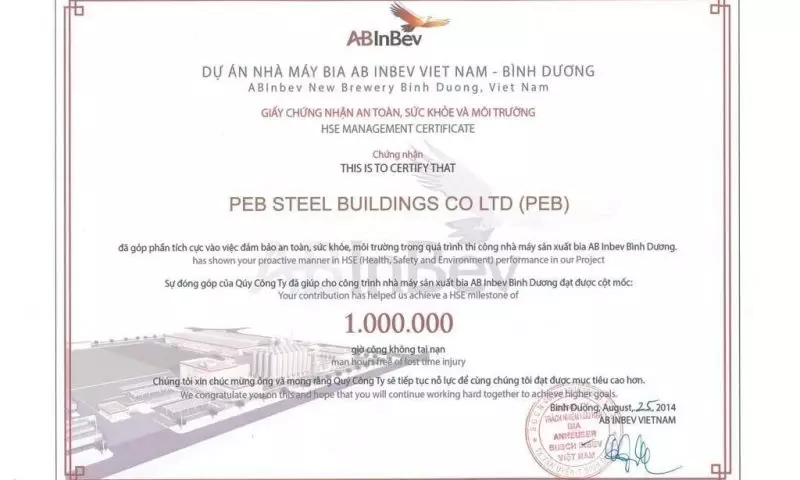 PEB Steel is honored to receive the Certificate of HSE Management from AB INBEV VIETNAM.