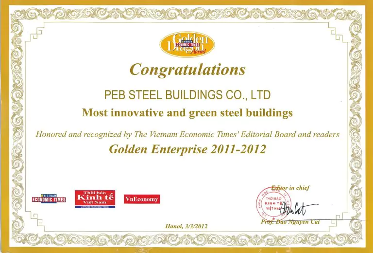 PEB Steel’s Golden Dragon Award for “Most Innovative and Green Steel Buildings”.