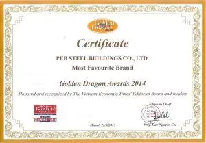 Certificate “Most Favourite Brand” granted to PEB Steel Buildings.