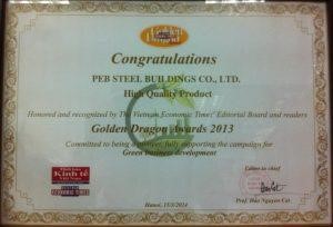 Certificate of Golden Dragon Award 2013 for PEB Steel.