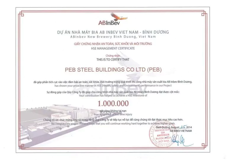 PEB Steel vinh dự nhận Giấy chứng nhận “An toàn, Sức khỏe và Môi trường” từ AB INBEV VIETNAM.