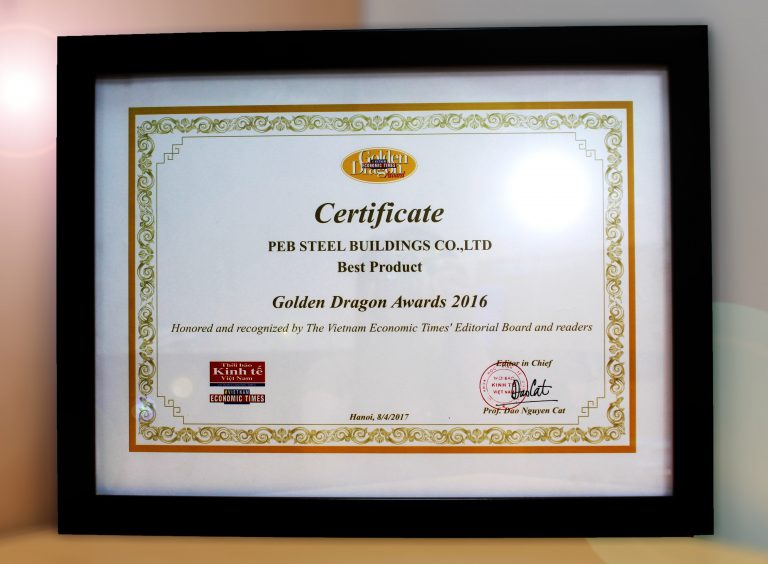 Hình ảnh bằng chứng nhận Giải Thưởng Rồng Vàng cho PEB Steel ở hạng mục “Sản phẩm tốt nhất”