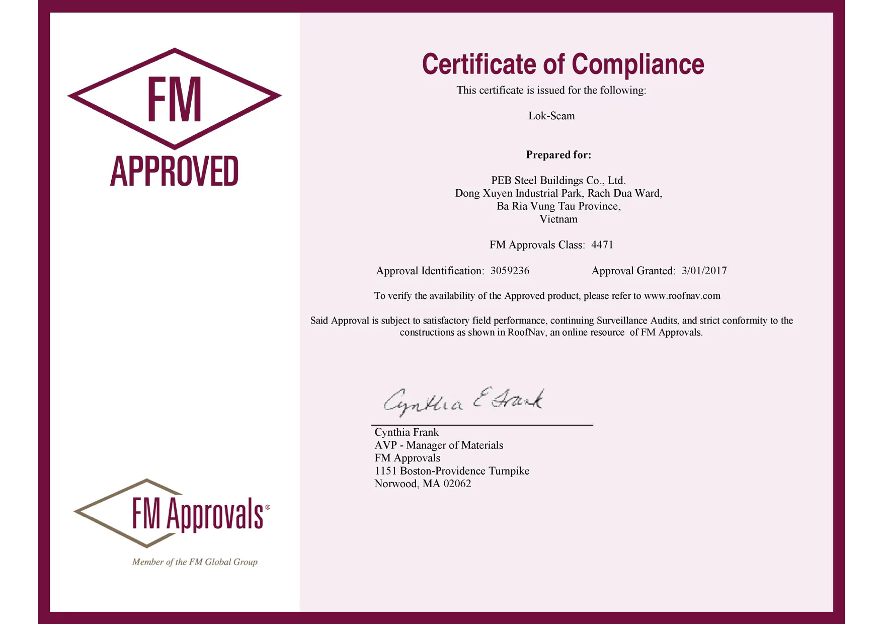 Certificate of Compliance for LokSeam® panel by Pebsteel