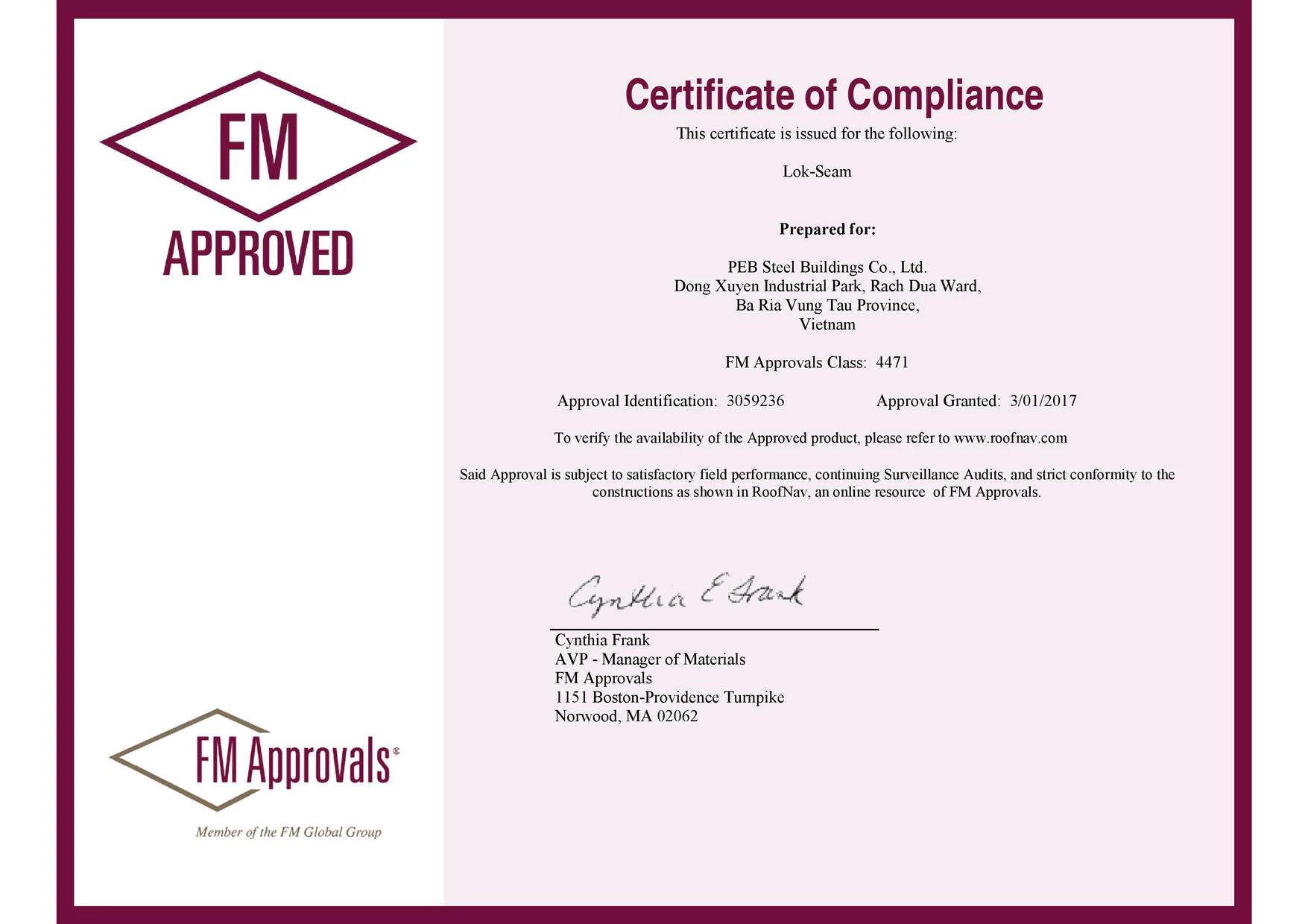 FM Approved Certificate - Pebsteel