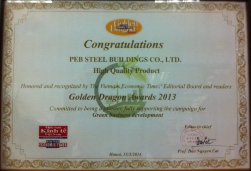 : Hình ảnh giấy chứng nhận Giải thưởng Rồng Vàng 2013 dành cho PEB Steel.