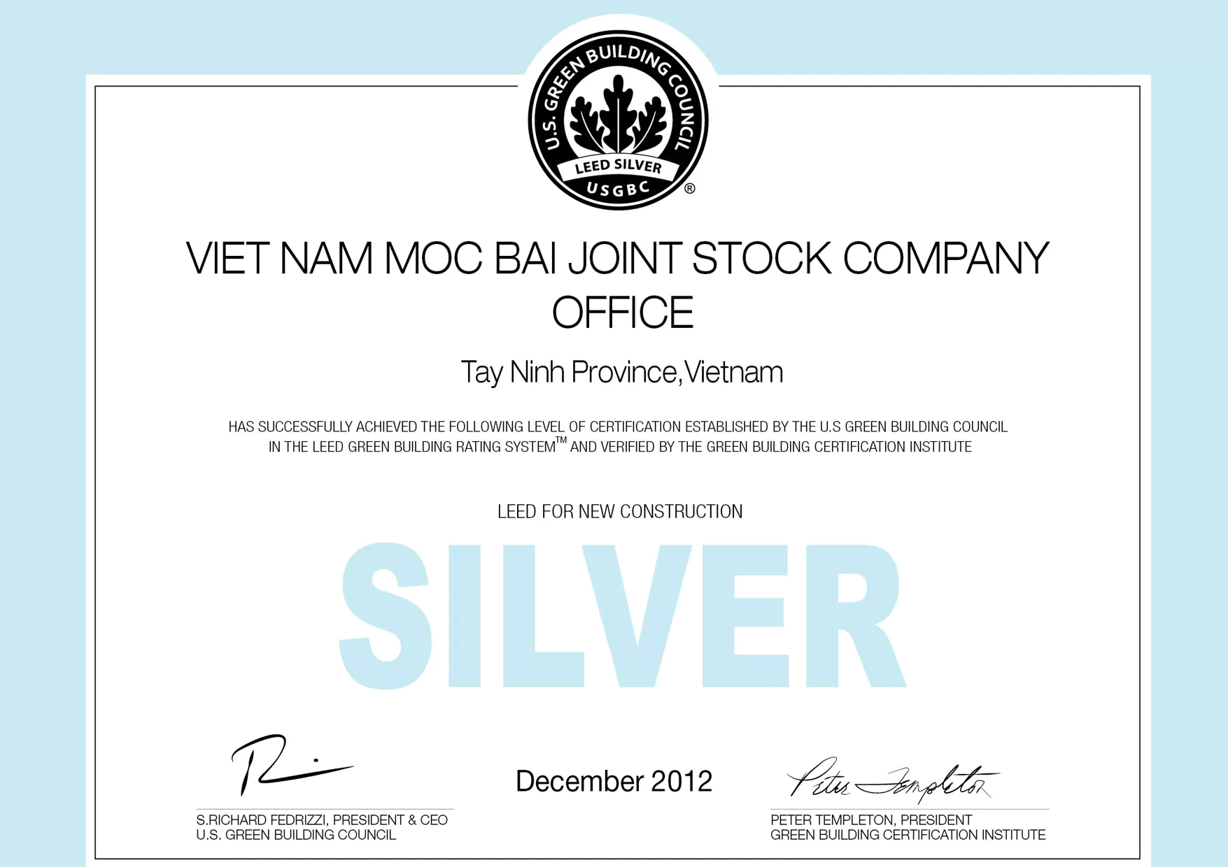 LEED Silver Certificate for Steel Building Project Taekwang Moc Bai - Pebsteel