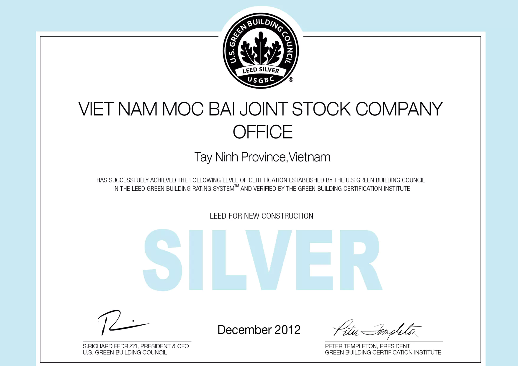 LEED Silver Certificate for Project Taekwang Moc Bai - Pebsteel