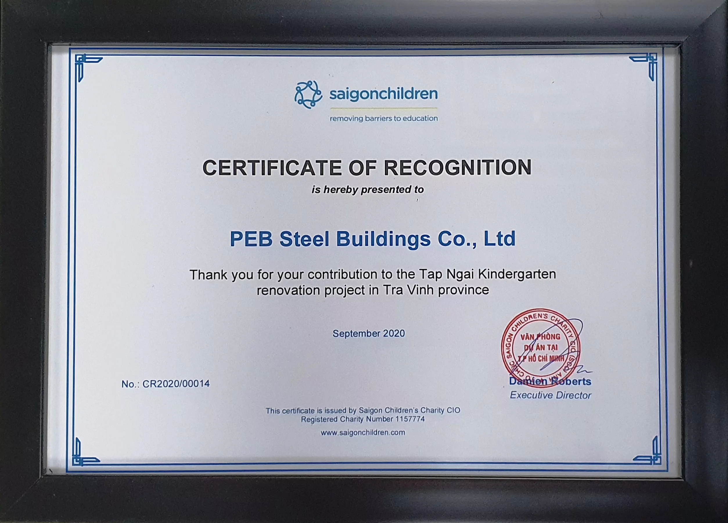 Certificate of Recognition for PEB Steel.