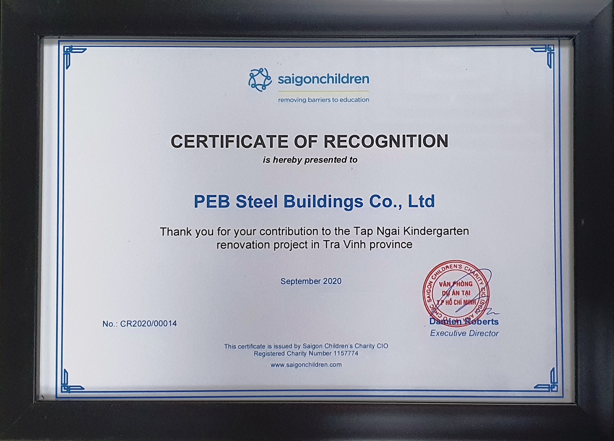 Chứng nhận tài trợ công trình cải tạo trường mầm non Tập Ngãi dành cho PEB Steel.