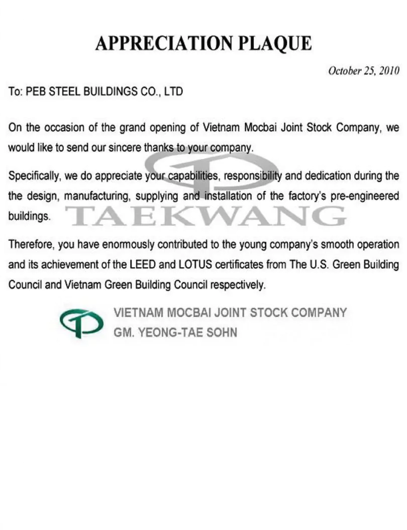 Customer Testimonials from Taekwang Industrial for Pre Engineered Steel Building