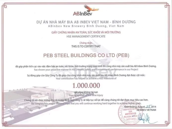 1 Million man-hours without Lost Time Injury - Pre Engineered Steel Building Certificate