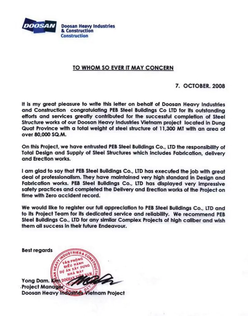 Customer Testimonials from Doosan for Pre Engineered Steel Building Project