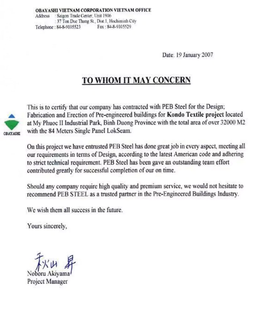 Customer Testimonials from Obayashi Corporation (Kondo Prefabricated Steel Textile Project)