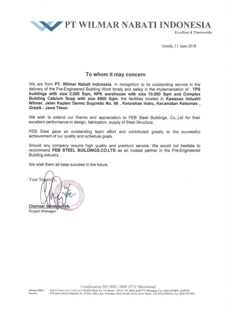 Customer Testimonials from PT Wilmar Nabati Indonesia for Pre Engineered Steel Building Project