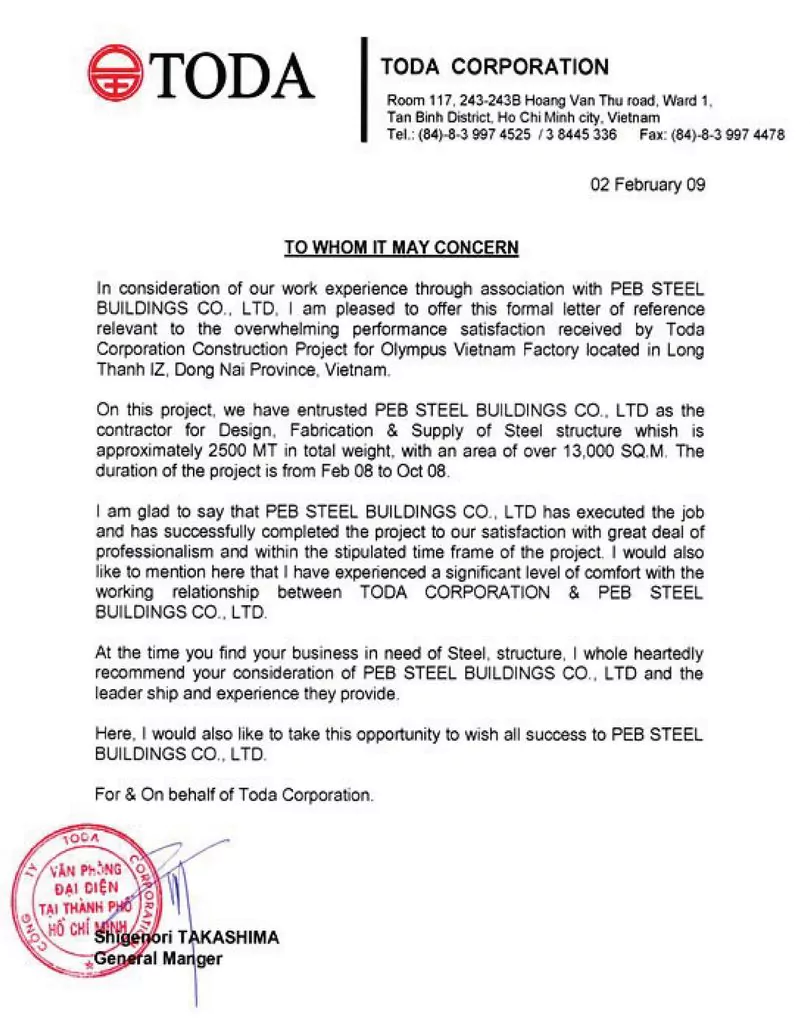 Customer Testimonials from Toda Corporation (Olympus Vietnam Prefabricated Steel Factory Project)