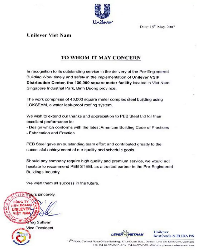 Customer Testimonials from Unilever Vietnam (Distribution Steel Center Project)