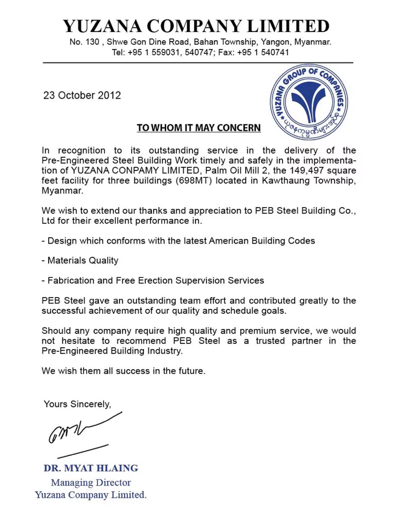 Customer Testimonials from Yuzana Company for Pre Engineered Steel Building Project
