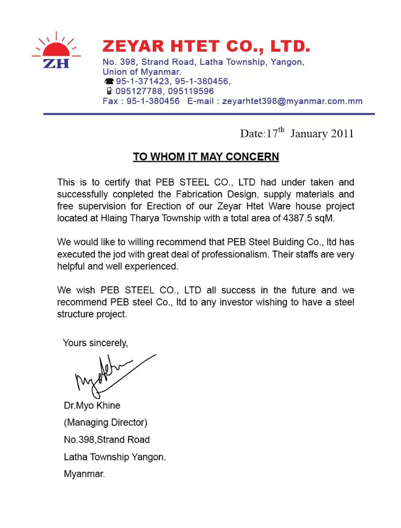 Customer Testimonials from Zeyar Htet for Pre Engineered Steel Building Project