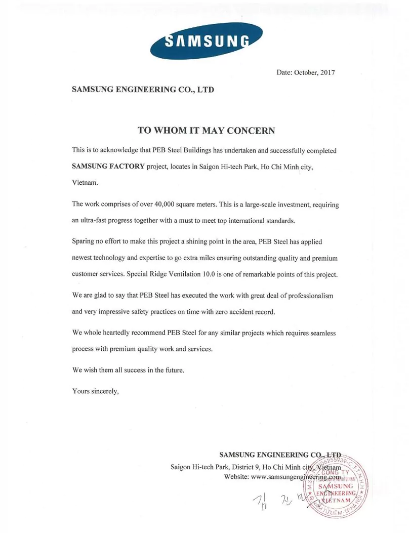 Customer Testimonials from Samsung for Pre Engineered Steel Building Project