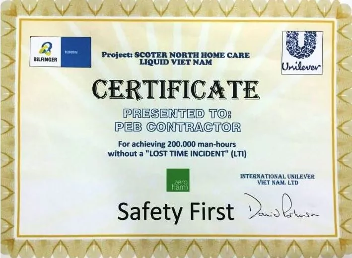 200,000 man-hours without Lost Time Incident - Pre Engineered Steel Building Certificate