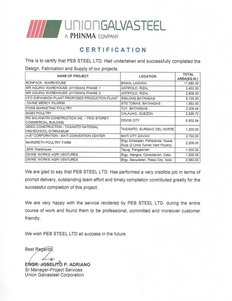 Customer Testimonials from Union GalvaSteel for Pre Engineered Steel Building Project