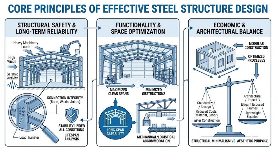 Core principles of steel structure design ensure safety, functionality, and cost-effective efficiency