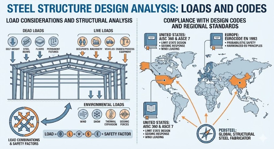 Steel structure design analysis ensures safety by accurately assessing loads and complying with codes