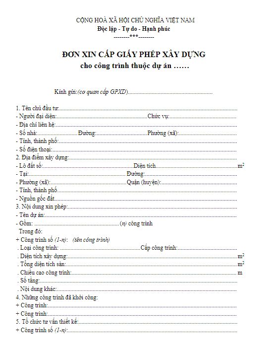 mẫu đơn xin cấp phép xây dựng