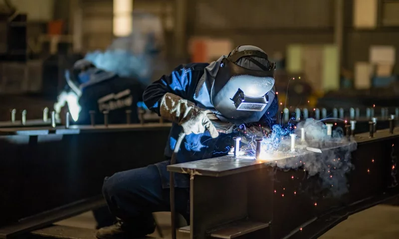 Steel structure production stage in factory construction