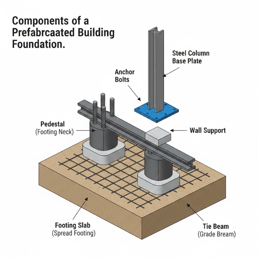 Key Components of a Prefabricated Steel Building Foundation (Source: Internet)