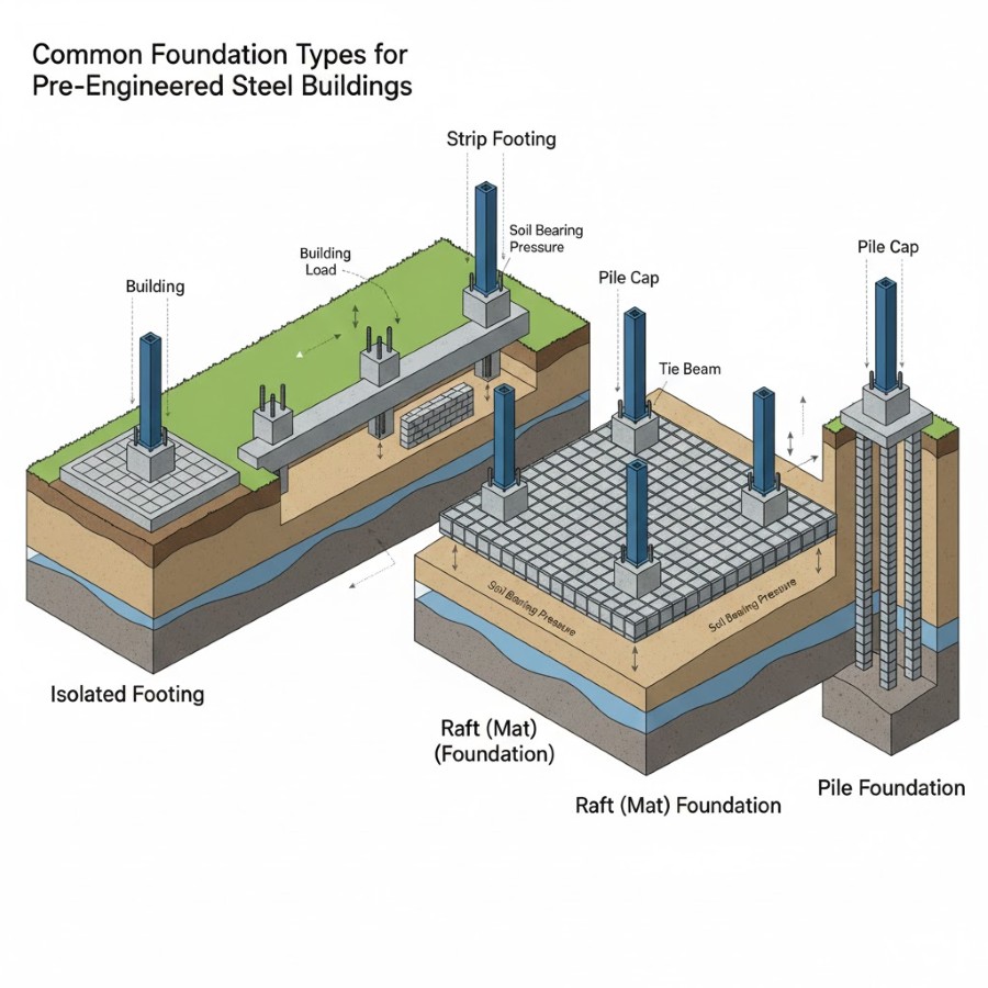 Popular Foundation Types for Pre-Engineered Steel Buildings (Source: Internet)