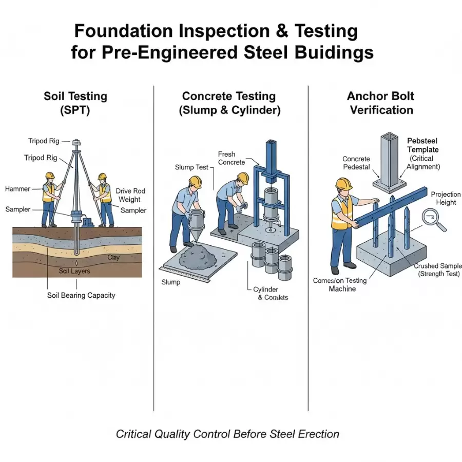 Final inspections, including soil, concrete, and anchor bolt tests, ensure the foundation meets all design requirements before steel erection (Source: Internet)
