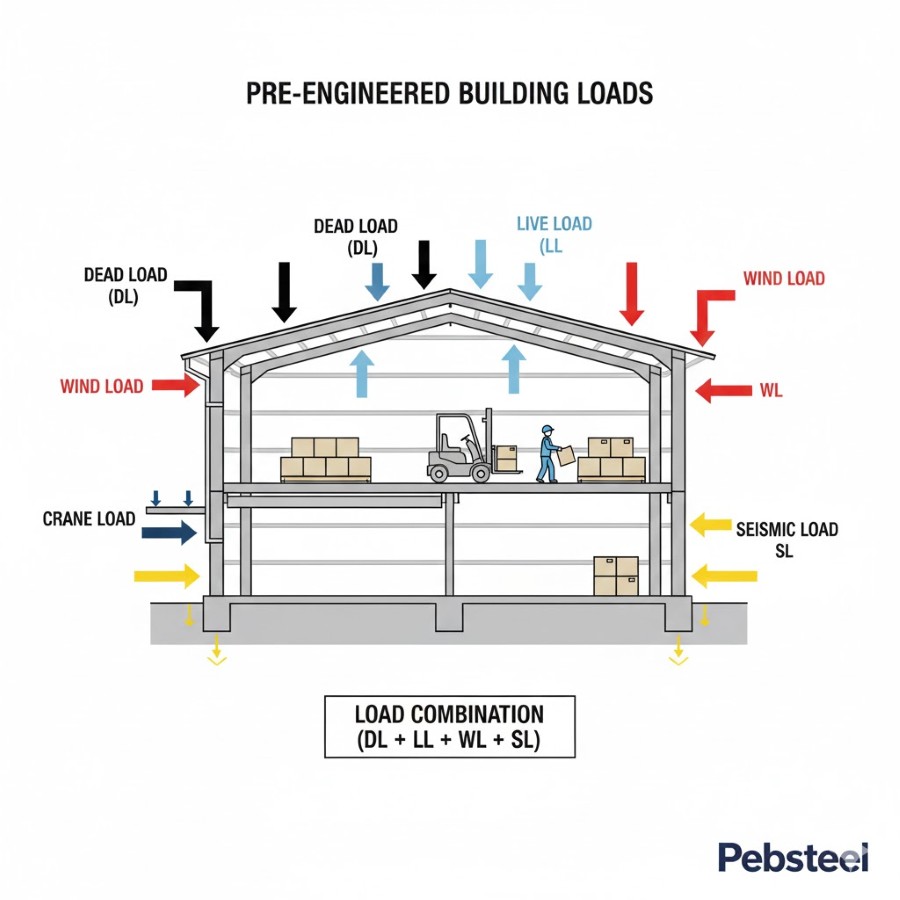 Các loại tải trọng tiêu chuẩn trong thiết kế nhà thép tiền chế (PEB) (Nguồn: Internet)