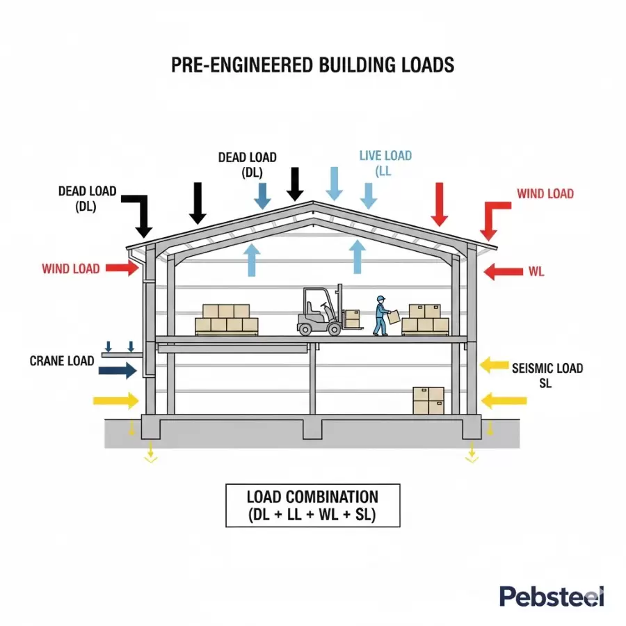 Các loại tải trọng tiêu chuẩn trong thiết kế nhà thép tiền chế (PEB) (Nguồn: Internet)