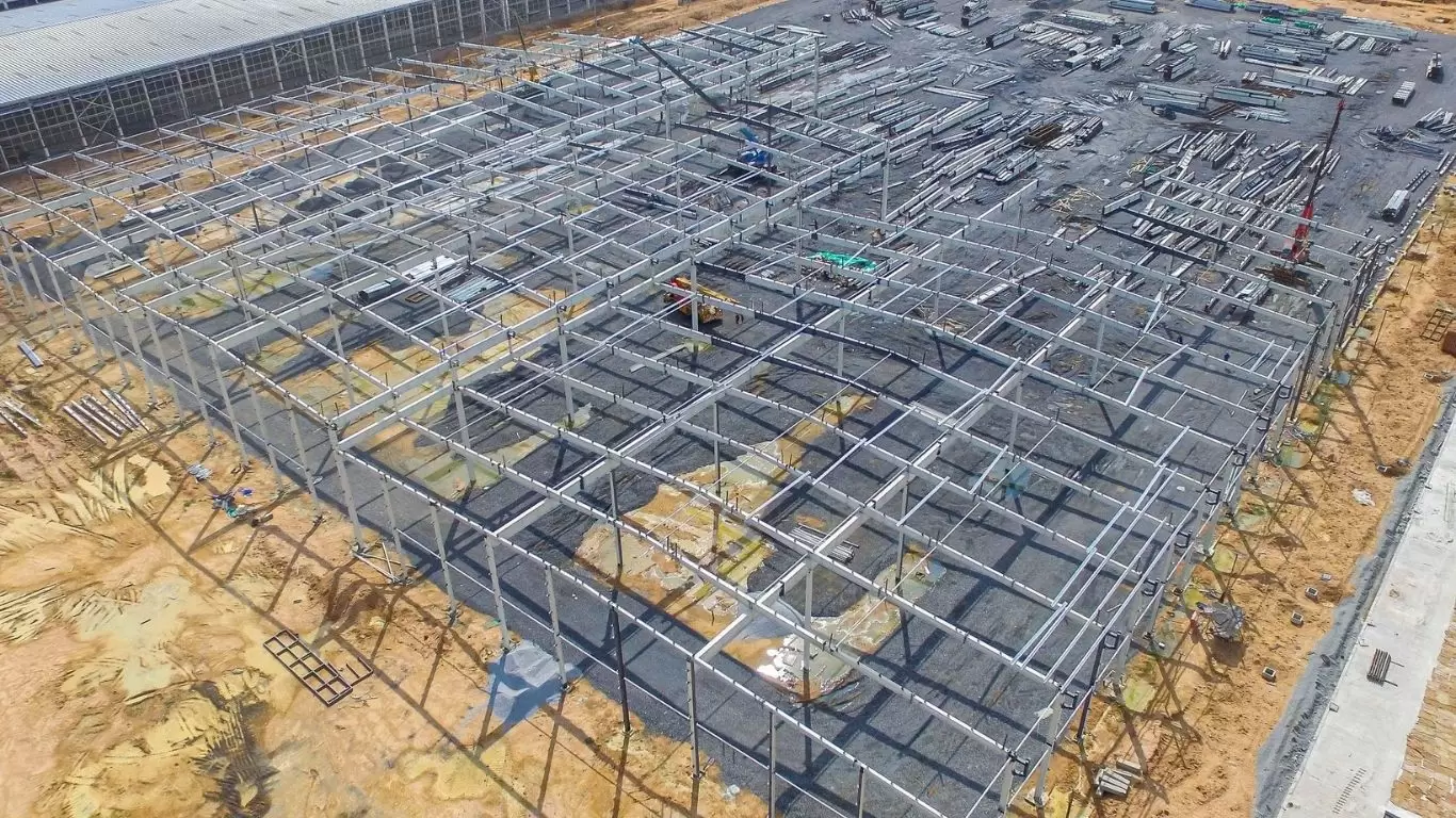 aerial top view of steel structure roof truss frame installation