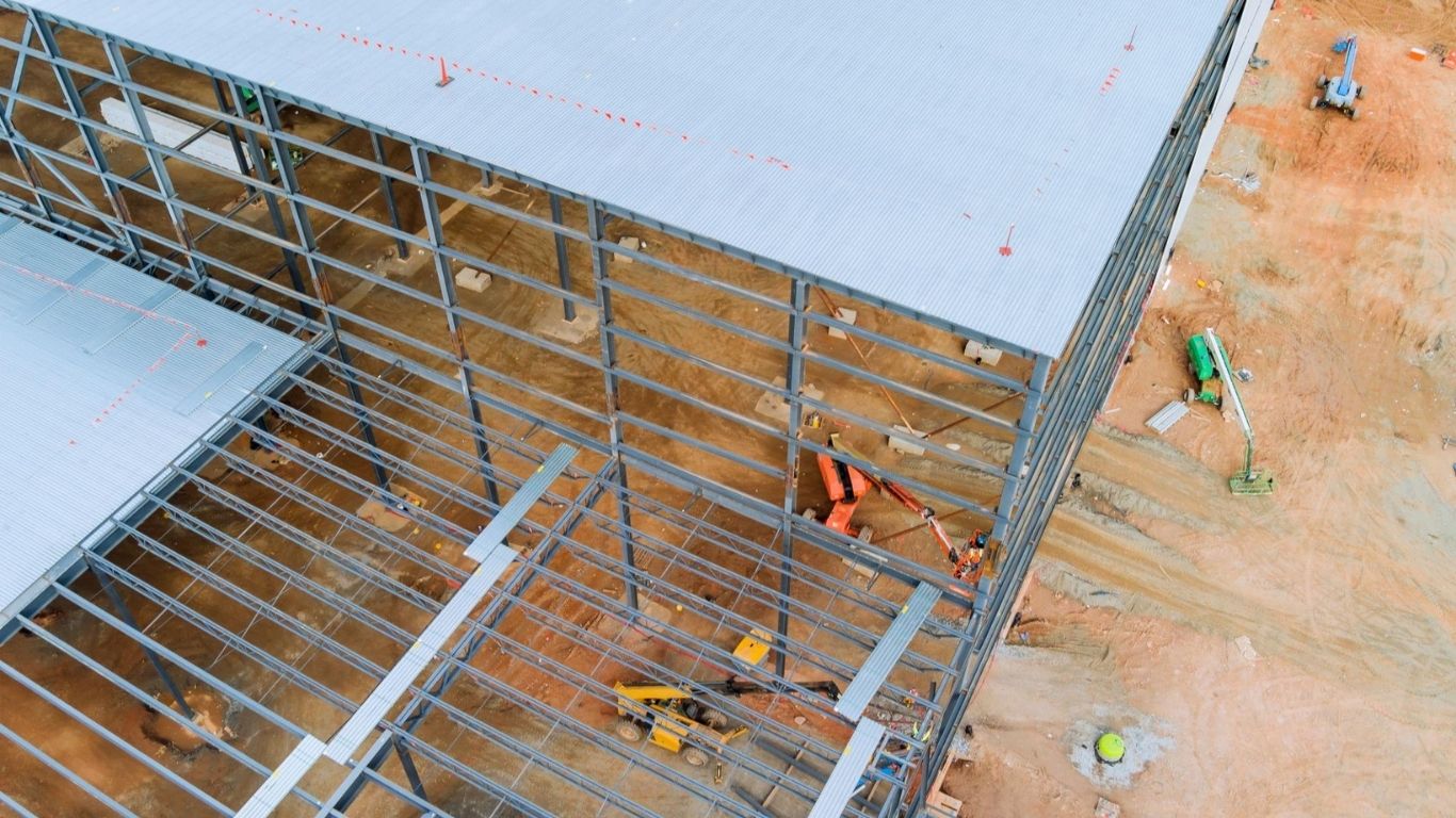 steel truss frame of an industrial warehouse building