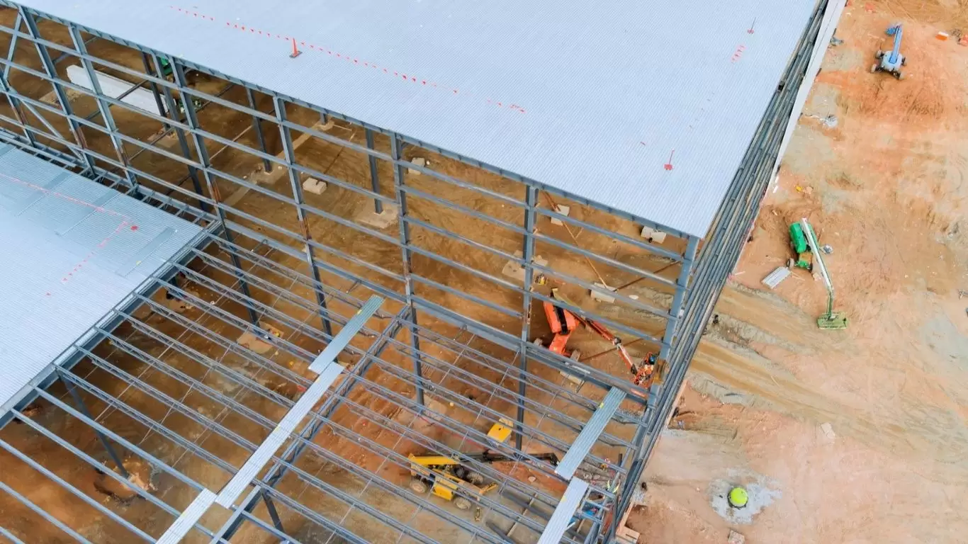 steel truss frame of an industrial warehouse building