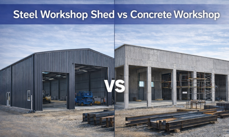 steel workshop shed vs concrete workshop logo