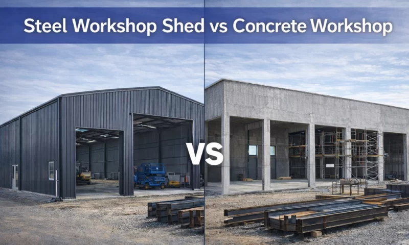 steel workshop shed vs concrete workshop logo